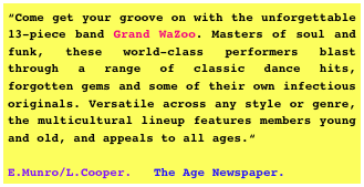 “Come get your groove on with the unforgettable 13-piece band Grand WaZoo. Masters of soul and funk, these world-class performers blast through a range of classic dance hits, forgotten gems and some of their own infectious originals. Versatile across any style or genre, the multicultural lineup features members young and old, and appeals to all ages.“     
                                                    E.Munro/L.Cooper.   The Age Newspaper.